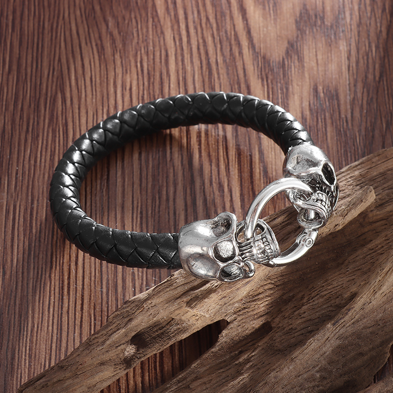 Gothic Skull Ring - Gothic Double Skull Black Braided Leather